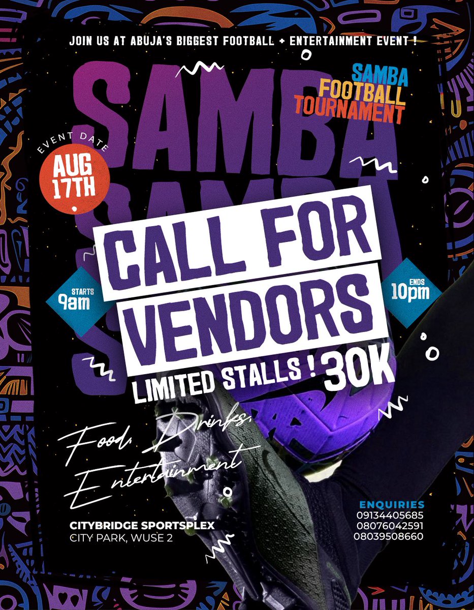 TheCityBridge's tweet photo. We bring you Abuja's biggest Football + Entertainment event. Be there !!!
Location: City Park, Off Ademola Adetokunbo Crescent, Wuse 2, FCT Abuja
Date:  August 17, 2024 https://t.co/E5YfmBqMkK