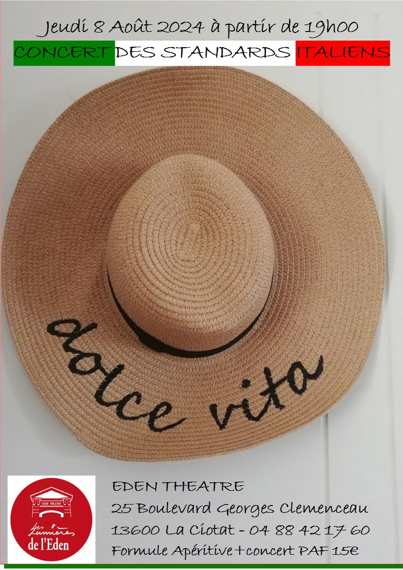 ticketingcine.fr/?lang=fr&ids=8…
ne ratez pas notre soirée italienne Cinéma Eden-Théâtre La Ciotat le 08/08/2024 à partir de 19h00 avec Bonillo Eric à la guitare et Claudine Galli au chant
vous pouvez réserver votre place (formule apéritive 1 verre de vin +pizzas+concert) lien ci-dessus