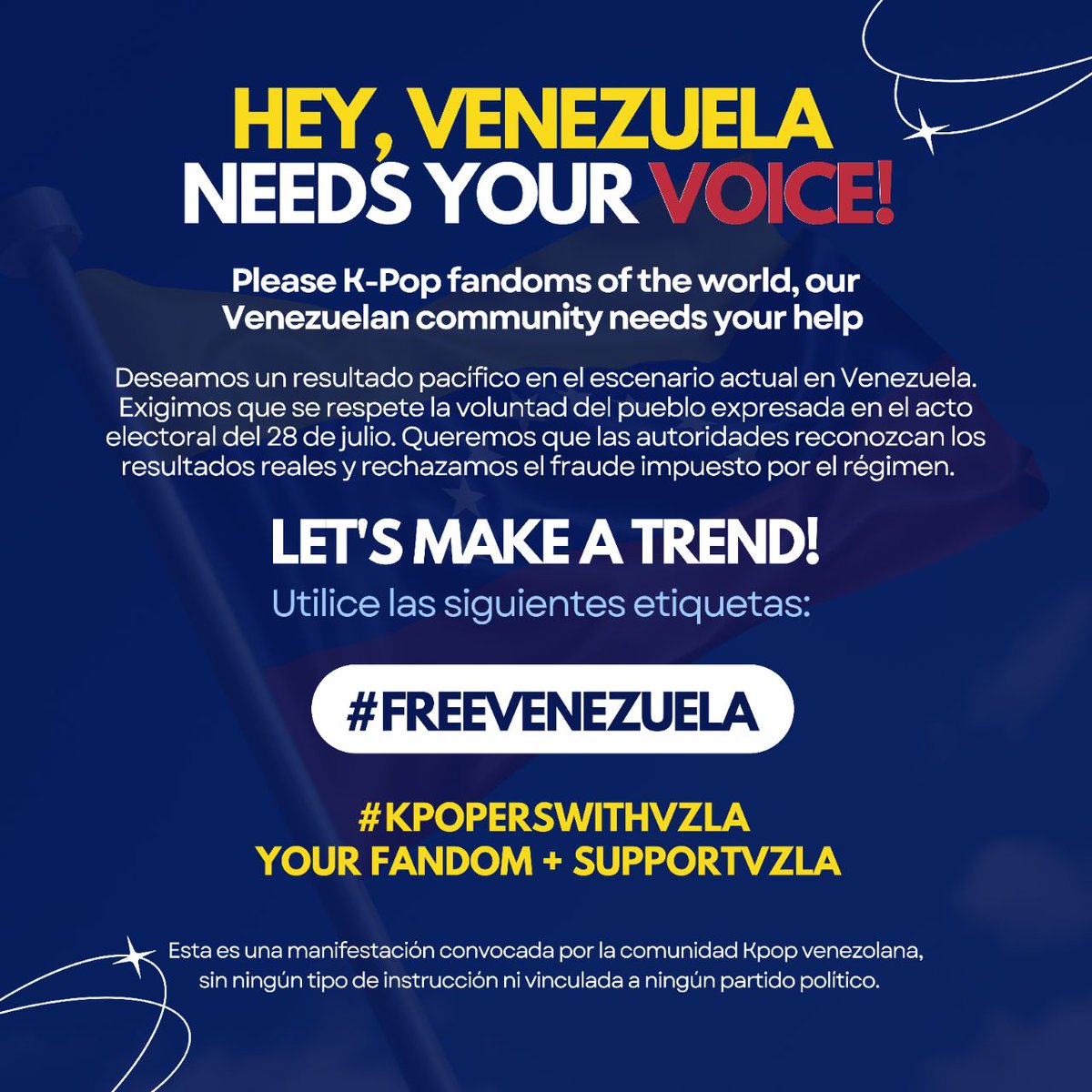 Kpop fans around the world, please support the Venezuelan kpopers in this really difficult time. Help us to share this movement 🤍🙏🏽
#FreeVenezuela #KpopersWithVzla
#oncesupportvzla #oncetwice #트와이스