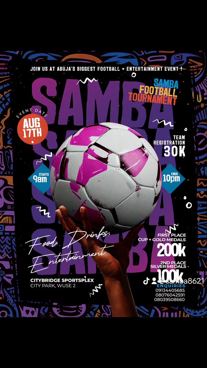 Samba_abj's tweet photo. We bring you Abuja's biggest Soccer + Entertainment event. Don't miss out, Be there !!!
Date: August 17, 2024
Location: Citybridge Sportsplex, inside City Park, Off Ademola Adetokunbo Crescent, Wuse 2, Abuja https://t.co/gvTUbHRJTe