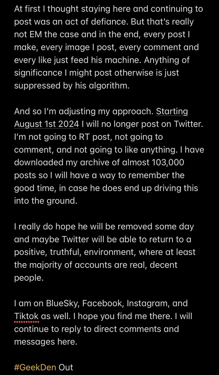GeekToyLove's tweet photo. TL;dr Iโm shifting all my posts to different platforms starting tomorrow. I feel that any activity here ultimately, even if indirectly, supports people and causes detrimental to humanity.
#GeekDen out https://t.co/X2rZh6WCEH