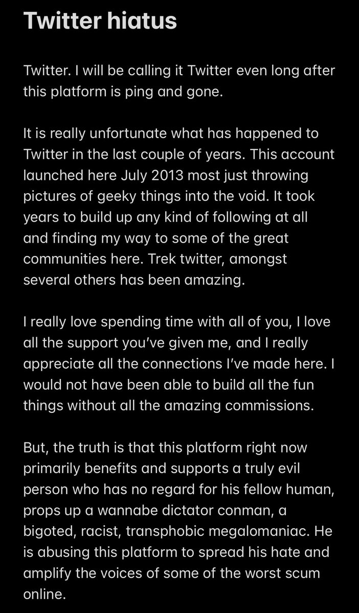 GeekToyLove's tweet photo. TL;dr Iโm shifting all my posts to different platforms starting tomorrow. I feel that any activity here ultimately, even if indirectly, supports people and causes detrimental to humanity.
#GeekDen out https://t.co/X2rZh6WCEH