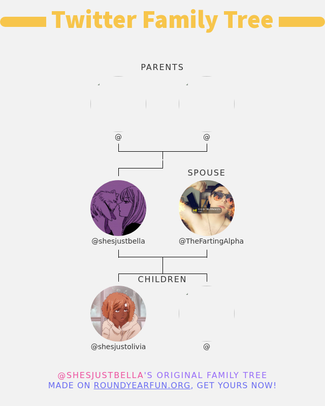 👨‍👩‍👧‍👦 My Twitter Family:
👫 Parents: @ @
👰 Spouse: <a href="/TheFartingAlpha/">🔞TheFartingAlpha</a>
👶 Children: <a href="/shesjustolivia/">𝕚𝕥𝕤𝕛𝕦𝕤𝕥𝕠𝕝𝕚𝕧𝕚𝕒</a> @

➡️ infinityweet.me/family-tree