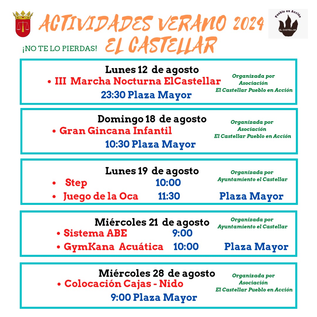 el_castellar's tweet photo. Buenas noches, os dejamos las actividades que tendremos en agosto en El Castellar tanto del ayuntamiento como de la asociación.
A disfrutar!!! 🕺🏻💃🏻 https://t.co/7YsftugGyV
