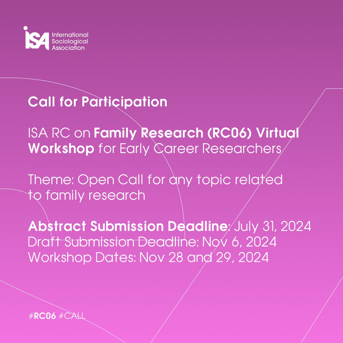 ISA (@isa_sociology) on Twitter photo Call for Participation: Virtual Workshop for Early Career Researchers on Family Research by <a href="/SocioFamilyISA/">Family Research, ISA</a> (RC06)
Workshop Details:
🗓️ November 28 and 29, 2024
📍Online (Virtual)
💬 Open Call for any topic related to family research Call for Participation: Virtual Workshop for Early Career Researchers on Family Research by <a href="/SocioFamilyISA/">Family Research, ISA</a> (RC06)
Workshop Details:
🗓️ November 28 and 29, 2024
📍Online (Virtual)
💬 Open Call for any topic related to family research