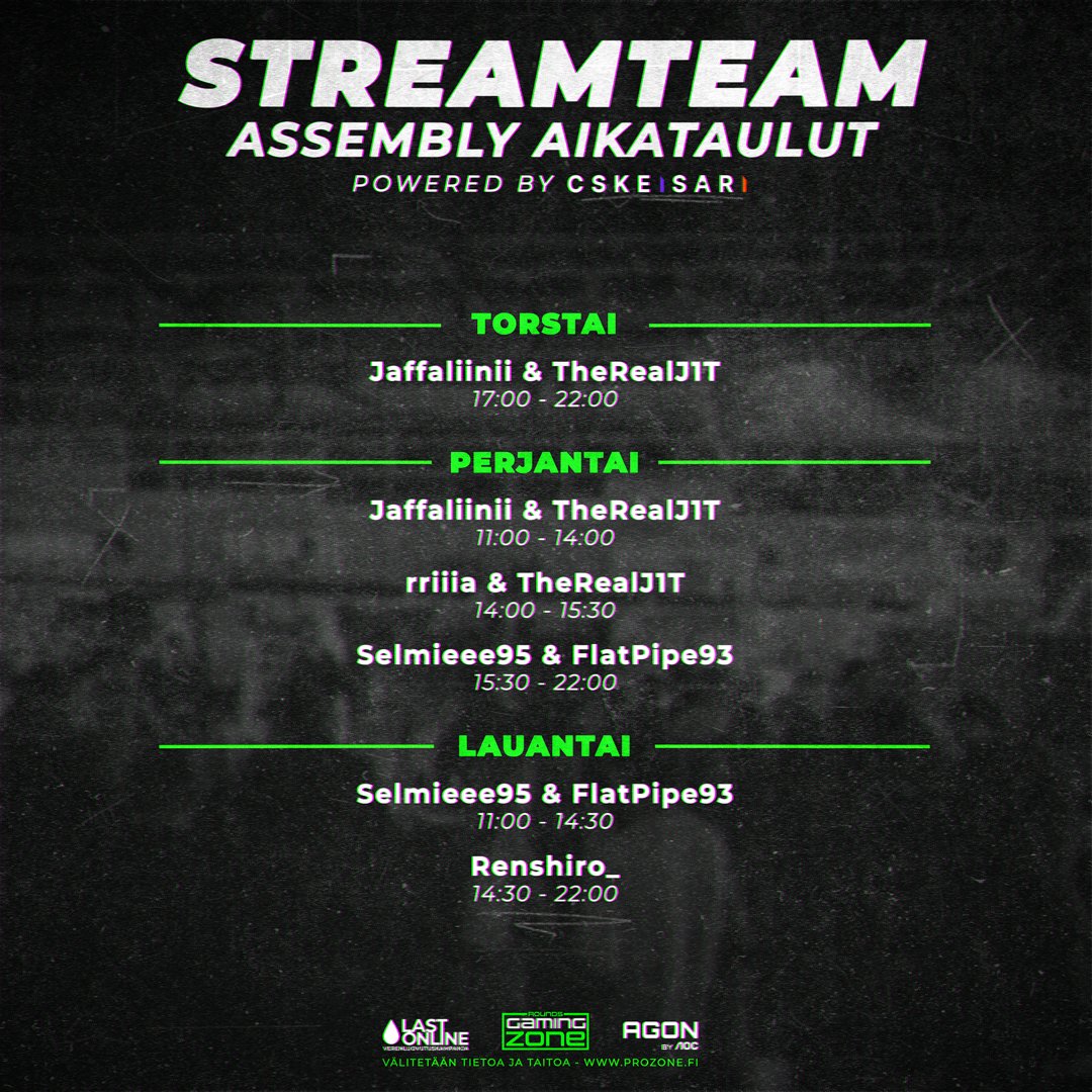 Assemblyt lähestyvät, ja tässä ovat Streamteamin aikataulut! Luvassa siis livelähetyksiä läpi viikonlopun!

Pisteellämme mukana myös <a href="/CSKeisari/">CSKeisari</a>, joten luvassa on arvontoja, onnenpyörä ja alennuksia skineistä perjantaista lauantaihin!👀

#esportsfi #asmparty