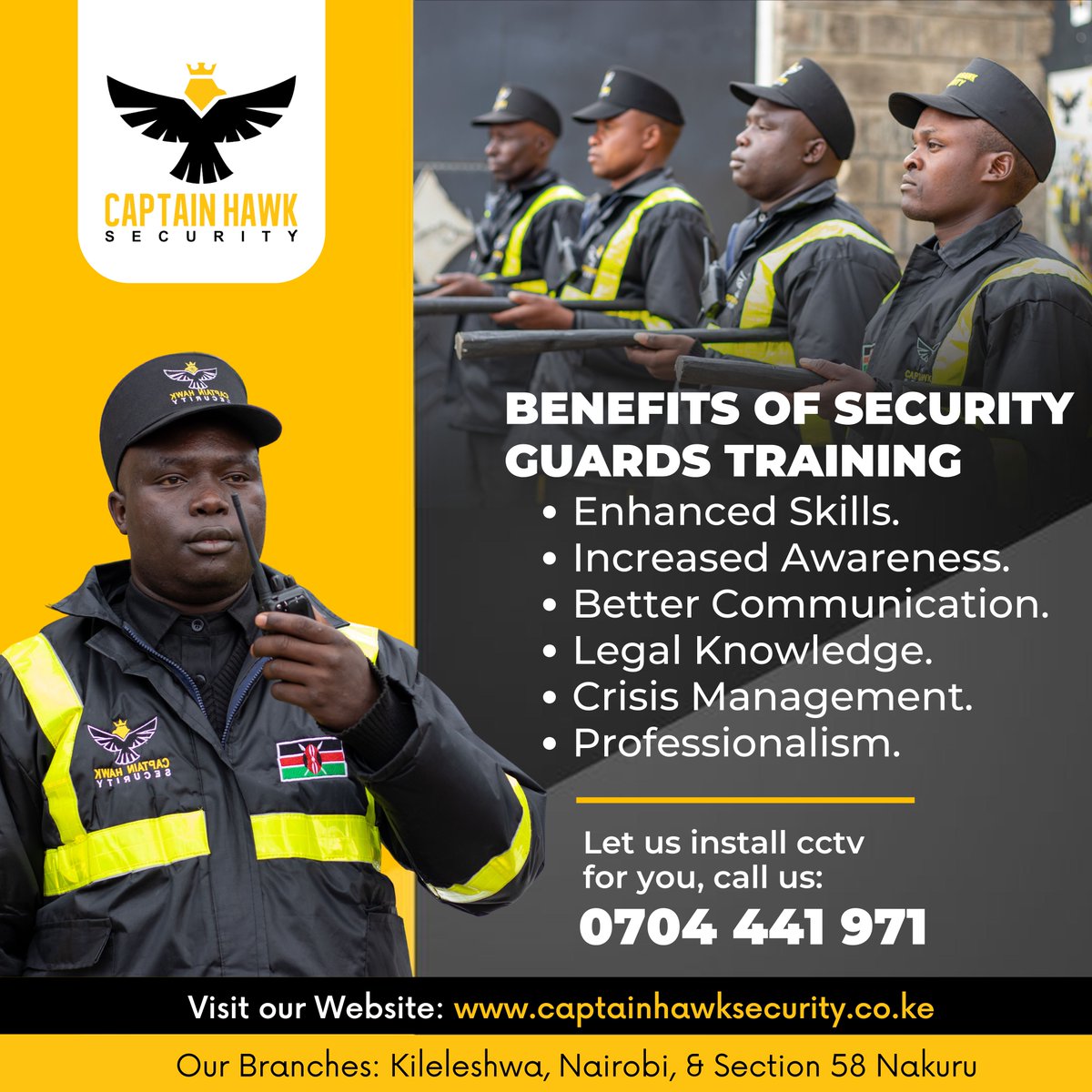 CaptainHawkSec1's tweet image. Well-trained security guards are the cornerstone of effective protection. Choose Captain Hawk Security for professional, well-trained security guards who are ready to protect and serve.
Call 0704441971
Learn more: captainhawksecurity.co.ke
#securityguardservices #securityservices