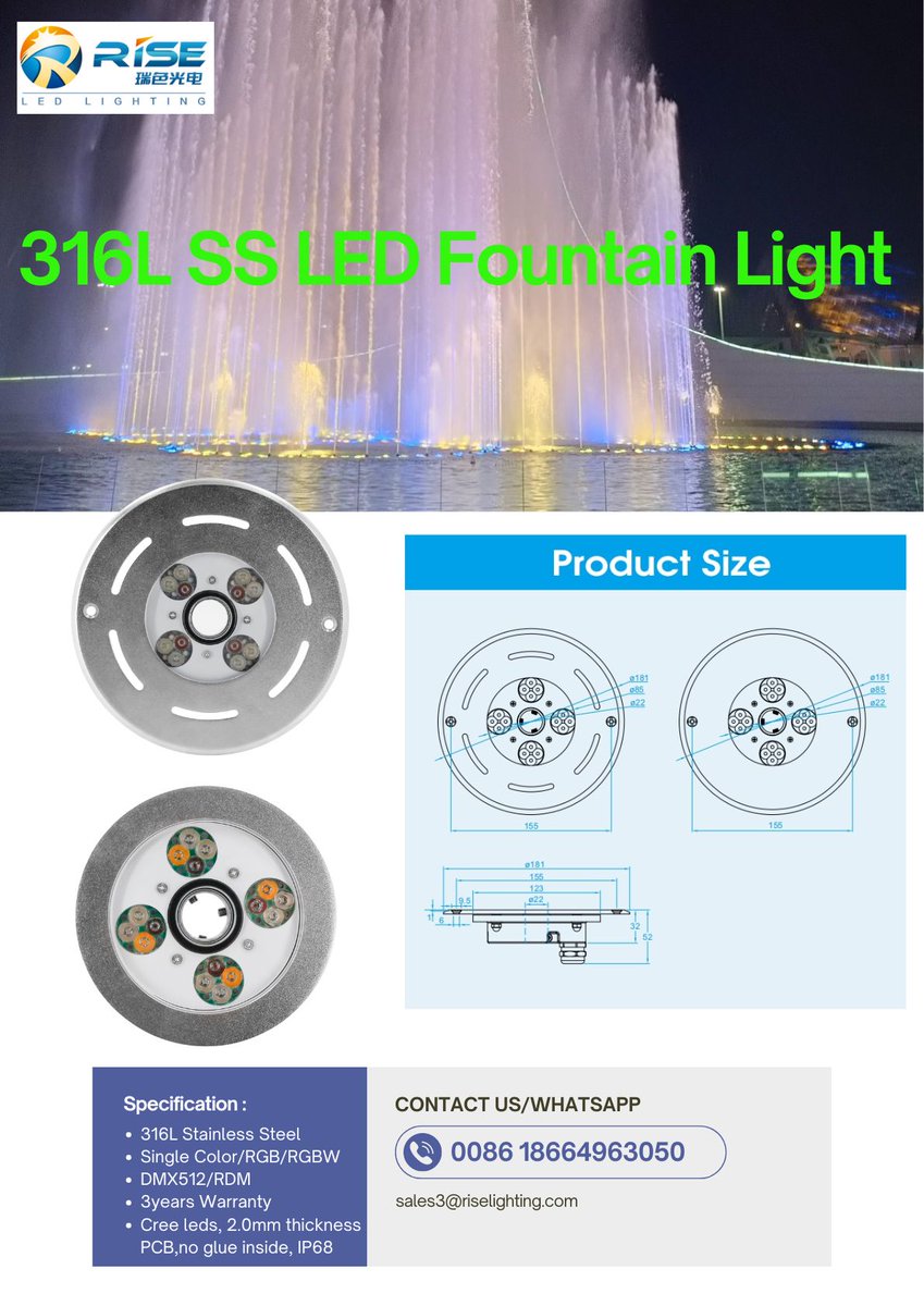 🌟 Hot sale product alert! 🌟 Introducing the 316L Stainless Steel LED Fountain Light with Module lens! This powerhouse features 24W power output, a 22mm center hole, RGB/RGBW Color, and DMX512/RDM Control way. Plus, enjoy a fantastic 3-year warranty included! 💡💧