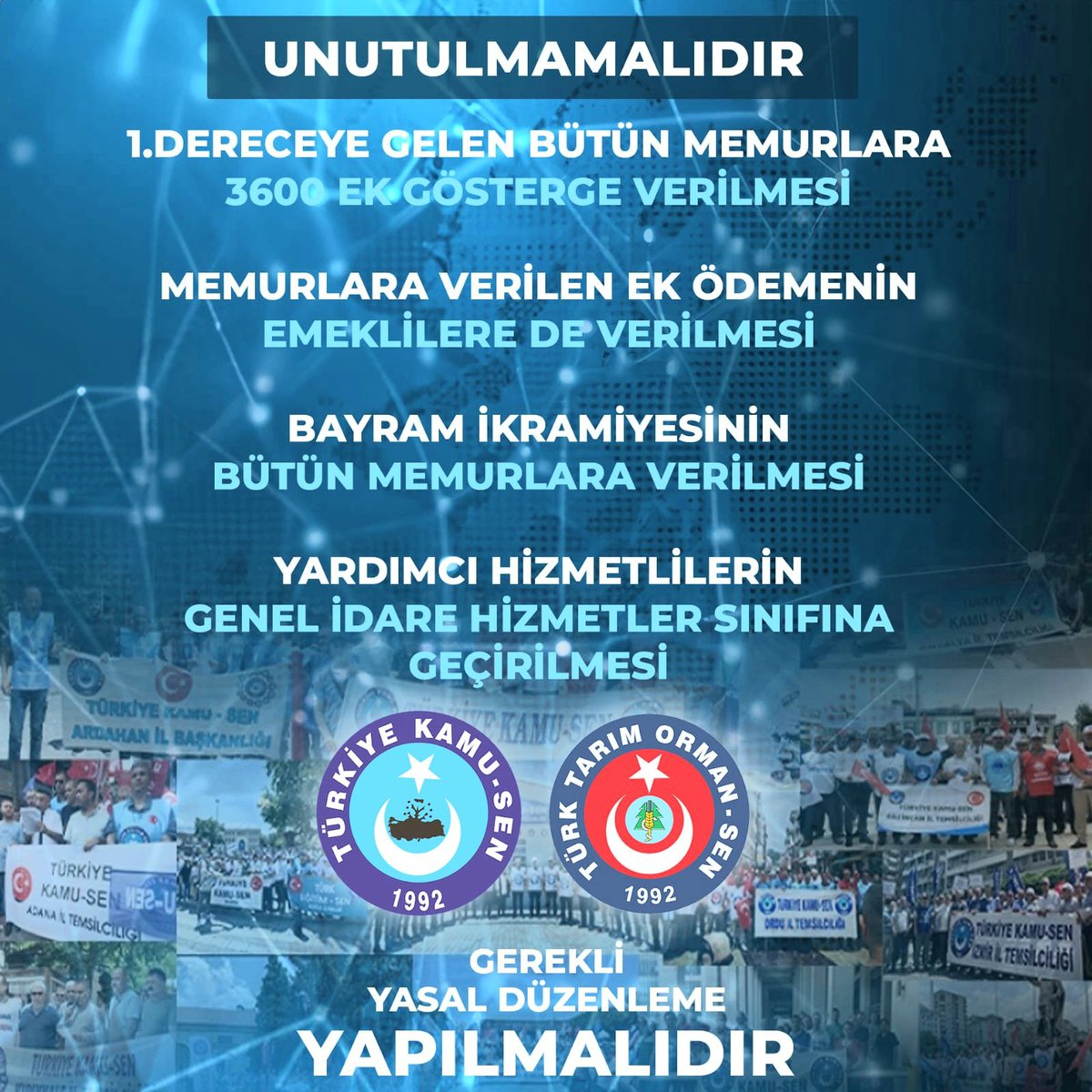 📍 1.dereceye gelen tüm memurlara #3600EKGÖSTERGE  verilmelidir
📍 Memurlara Bayram İkramiyesi verilmelidir. 
📍Yardımcı hizmetler Sınıfı Genel İdare Hizmetler Sınıfına Geçirilmelidir..! 
GEREKLİ YASAL DÜZENLEME LER ACİLEN YAPILMALIDIR.
<a href="/isikhanvedat/">Prof. Dr. Vedat Işıkhan</a>
<a href="/memetsimsek/">Mehmet Simsek</a>
<a href="/_cevdetyilmaz/">Cevdet Yılmaz</a>