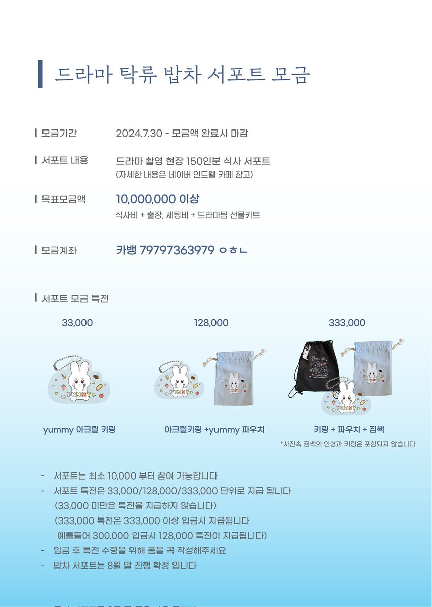 indwell931028's tweet photo. 드라마 탁류 박서함 밥차🍚 서포트 모금 

🗓  7월30일 3시33분 - 모금 완료시 마감
✔️  150명 식사 + 드라마팀 선물키트
✔️ [33,000 / 128,000 / 333,00]
      3가지 특전🎁         

➖️
자세한 내용은 공지 이미지 & 네이버 카페 참고⬇️
https://t.co/CcZPBww4Xc

모금 후 특전 수령 폼 ⬇️
https://t.co/4D2VBiSyjJ

모금 계좌⬇️
카카오뱅크 79797363979  ㅇㅎㄴ

#박서함 #Parkseoham