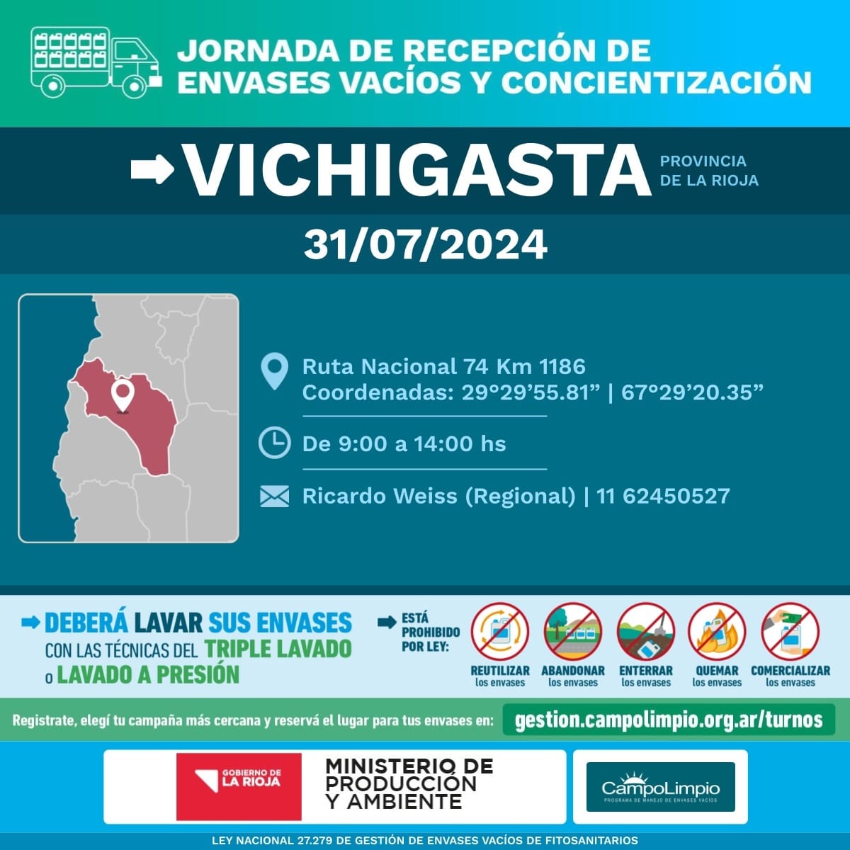 ¡Atención, Vichigasta y alrededores! 
El 31 de julio de 2024, se llevará a cabo una importante jornada de recepción de envases vacíos y concientización en AIMURAI S.A., ubicada en la Ruta Nacional 74 Km 1186.