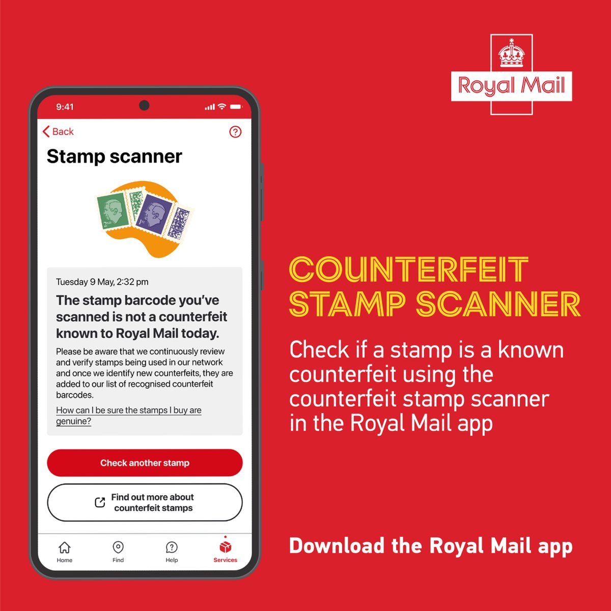 We've added a stamp scanner to our app that allows you to check if a stamp is a known counterfeit. Download or open the Royal Mail app to use the counterfeit stamp scanner. 

Find out how to spot and avoid counterfeit stamps at: ms.spr.ly/6013ljyHF