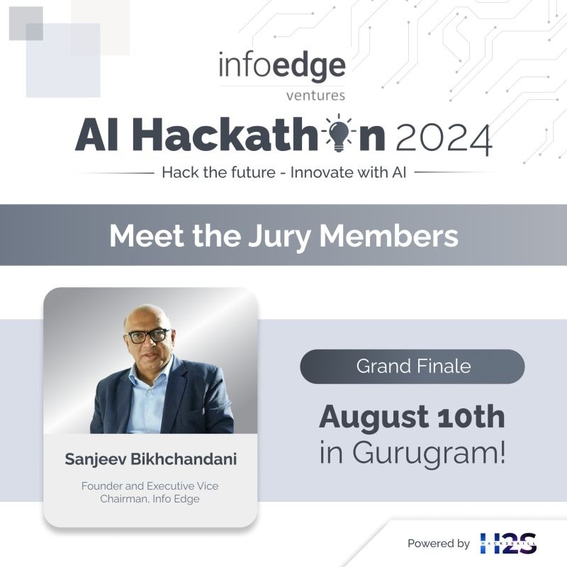 Info Edge Ventures (@infoedgevc) on Twitter photo Our first jury member for the Info Edge Ventures AI Hackathon - <a href="/sbikh/">Sanjeev Bikhchandani</a>!
There's still time to be a part of it: submit your AI idea or solution by tomorrow to win:
INR 1 Crore in Seed Funding
Cash prizes galore
Access to exclusive network
Submit now: bit.ly/InfoEdgeVC_AIh… Our first jury member for the Info Edge Ventures AI Hackathon - <a href="/sbikh/">Sanjeev Bikhchandani</a>!
There's still time to be a part of it: submit your AI idea or solution by tomorrow to win:
INR 1 Crore in Seed Funding
Cash prizes galore
Access to exclusive network
Submit now: bit.ly/InfoEdgeVC_AIh…