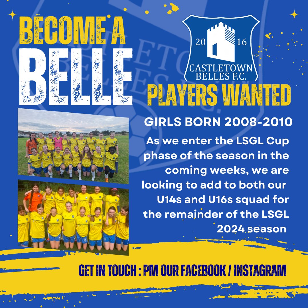 🟡🔵 Players wanted right across the club, but in particular, we would love to see more Belles at these both these ages groups 🟡🔵

Cup section starting in <a href="/secretarylsgl/">Louth School Girls League</a> a few weeks time...#BecomeABelle