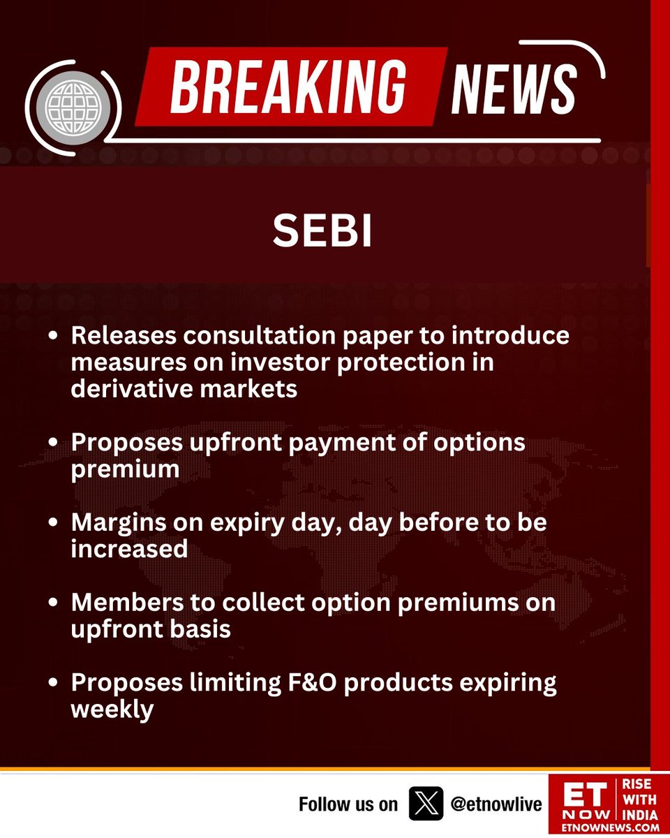BREAKING | SEBI: Releases consultation paper to introduce measures on investor protection in derivative markets; details👇

#SEBI