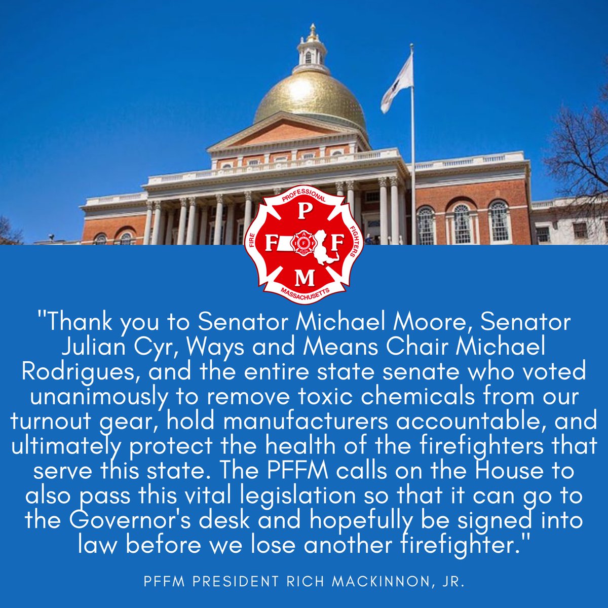 THE_PFFM's tweet image. MA Senate passes “An Act relative to the reduction of certain toxic chemicals in firefighter personal protective equipment” 

We call on the House to bring this legislation to the floor before the end of the session so Governor Healey can sign this life saving measure into law.