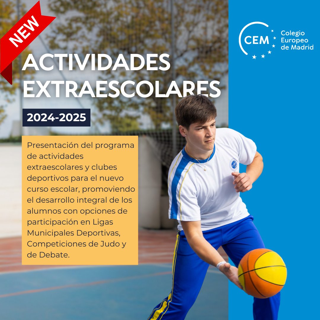 ¡Presentamos nuestro programa de extraescolares para el próximo curso! 🥋 ⛹️‍♀️
Con la colaboración de entidades especializadas y de nuestros profesores, ofrecemos una amplia oferta de deportes, clubs creativos e idiomas.

colegioeuropeodemadrid.com/actividades-ex…