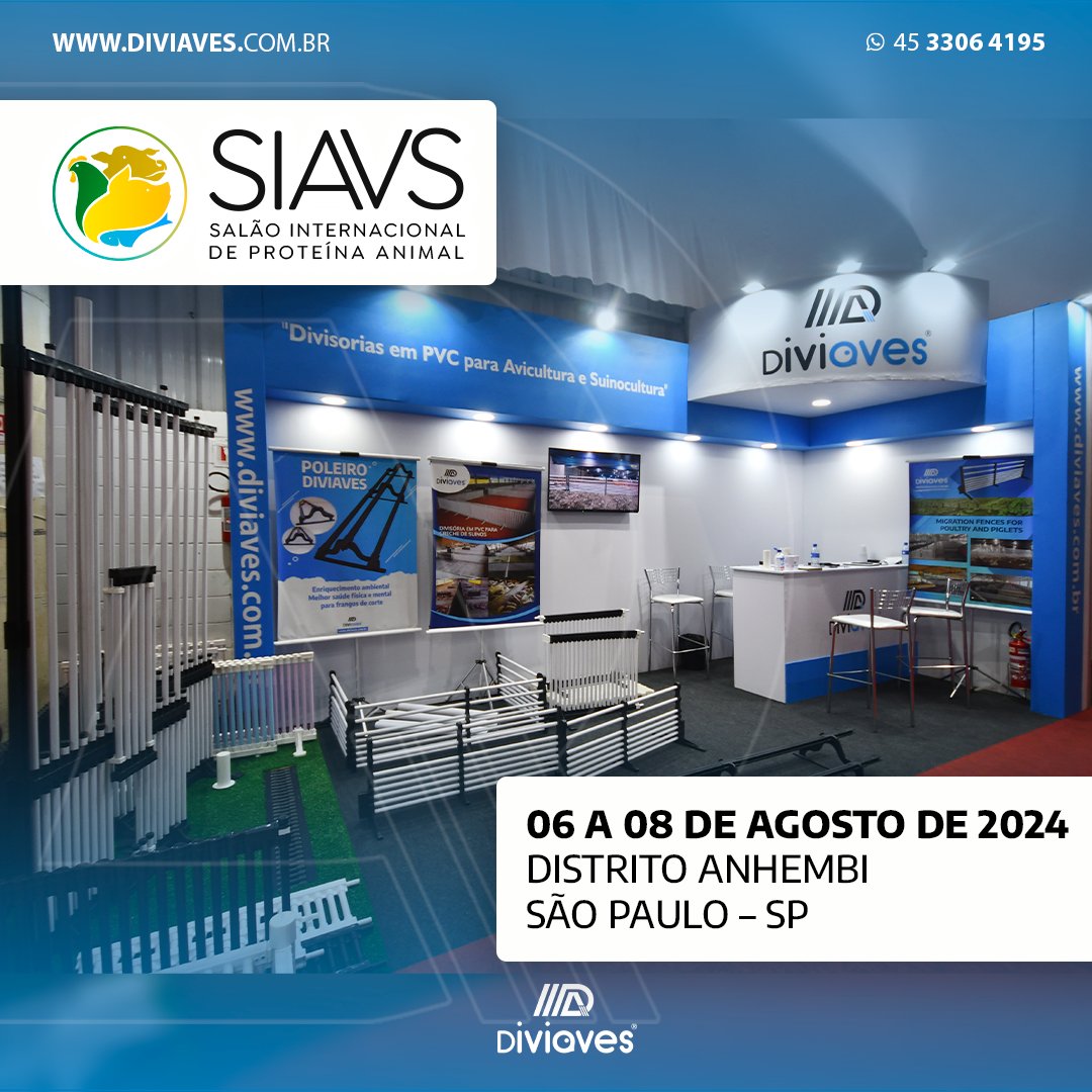 Daqui uma semana acontece o SIAVS 2024 – Salão Internacional de Proteína Animal, de 06 a 08 de agosto, no Distrito Anhembi em São Paulo (SP).
Você é convidado a prestigiar nosso stand nº 169.