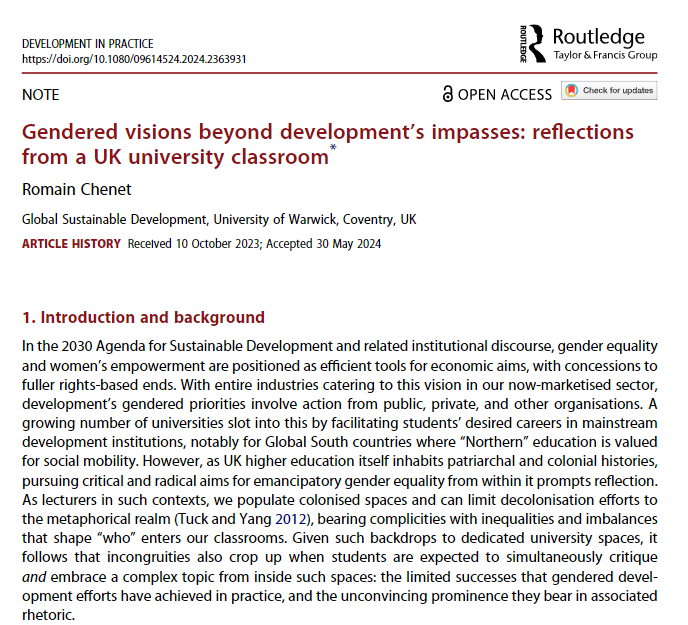 Development in Practice (@dipdsaa) on Twitter photo Part of our forthcoming special issue on the Future of Teaching Gender and Development (eds
<a href="/MirnaGuha/">Dr Mirna Guha</a>, <a href="/rishie_/">Rishita Nandagiri (rishie.bsky.social)</a> & <a href="/R37G/">Rebecca Gordon</a>), Dr Romain Chenet considers the role of positionality when teaching #GAD: doi.org/10.1080/096145…
<a href="/devcomms/">Development Studies Association</a>, <a href="/DSAWomxnDev/">DSA Women & Development Study Group</a> Part of our forthcoming special issue on the Future of Teaching Gender and Development (eds
<a href="/MirnaGuha/">Dr Mirna Guha</a>, <a href="/rishie_/">Rishita Nandagiri (rishie.bsky.social)</a> & <a href="/R37G/">Rebecca Gordon</a>), Dr Romain Chenet considers the role of positionality when teaching #GAD: doi.org/10.1080/096145…
<a href="/devcomms/">Development Studies Association</a>, <a href="/DSAWomxnDev/">DSA Women & Development Study Group</a>