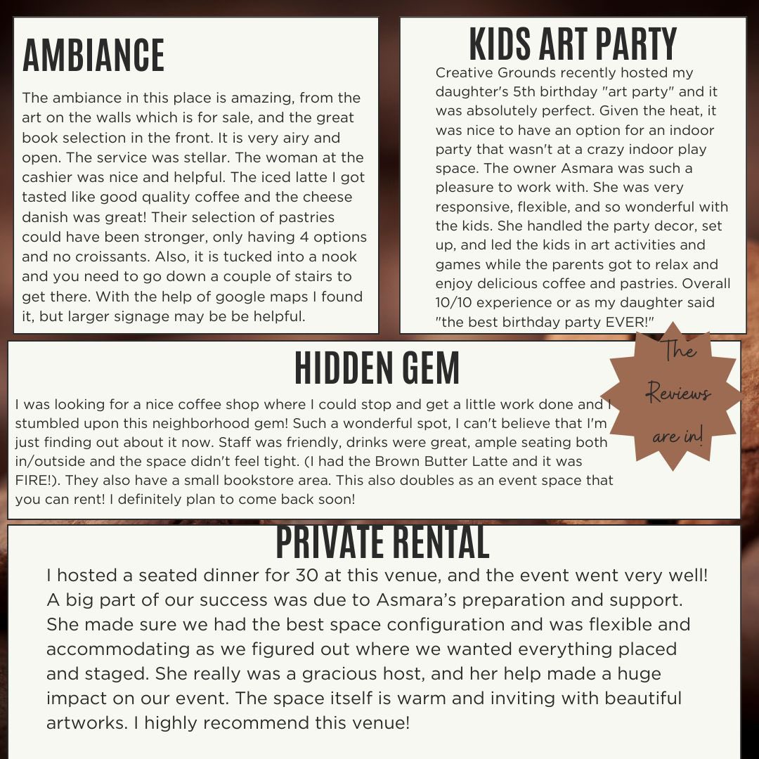 🎤 Thank you to everyone who leaves a review! Your words mean the world to us and help shape OUR story. ❤️ Please consider leaving your review too. #CoffeeLovers #CustomerReviews #CreativeGrounds #CoffeeShopLove #YourFeedbackMatters 📝✨ Sip. Savor. Share. Repeat! ✨📝