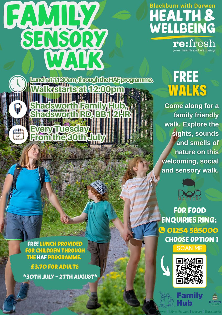 📣New session📣

Introducing a new Family Sensory Walk👣🍃 Explore the sights, sounds and smells of nature on the walk. 

Children eat FREE on the HAF programme from 30th July - 27th August. 

No booking required!

Take a look at other walks near you 👉 refreshbwd.com/timetables/