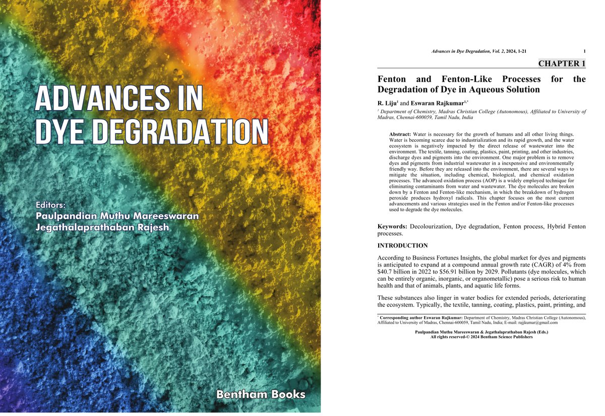 📢New book chapter "Fenton and Fenton-Like Processes for the Degradation of Dye in Aqueous Solution" - Advances in Dye Degradation Vol 2. <a href="/Liju2411/">Liju Raju</a> #Dyedegradation #Watertreatment
doi.org/10.2174/978981…