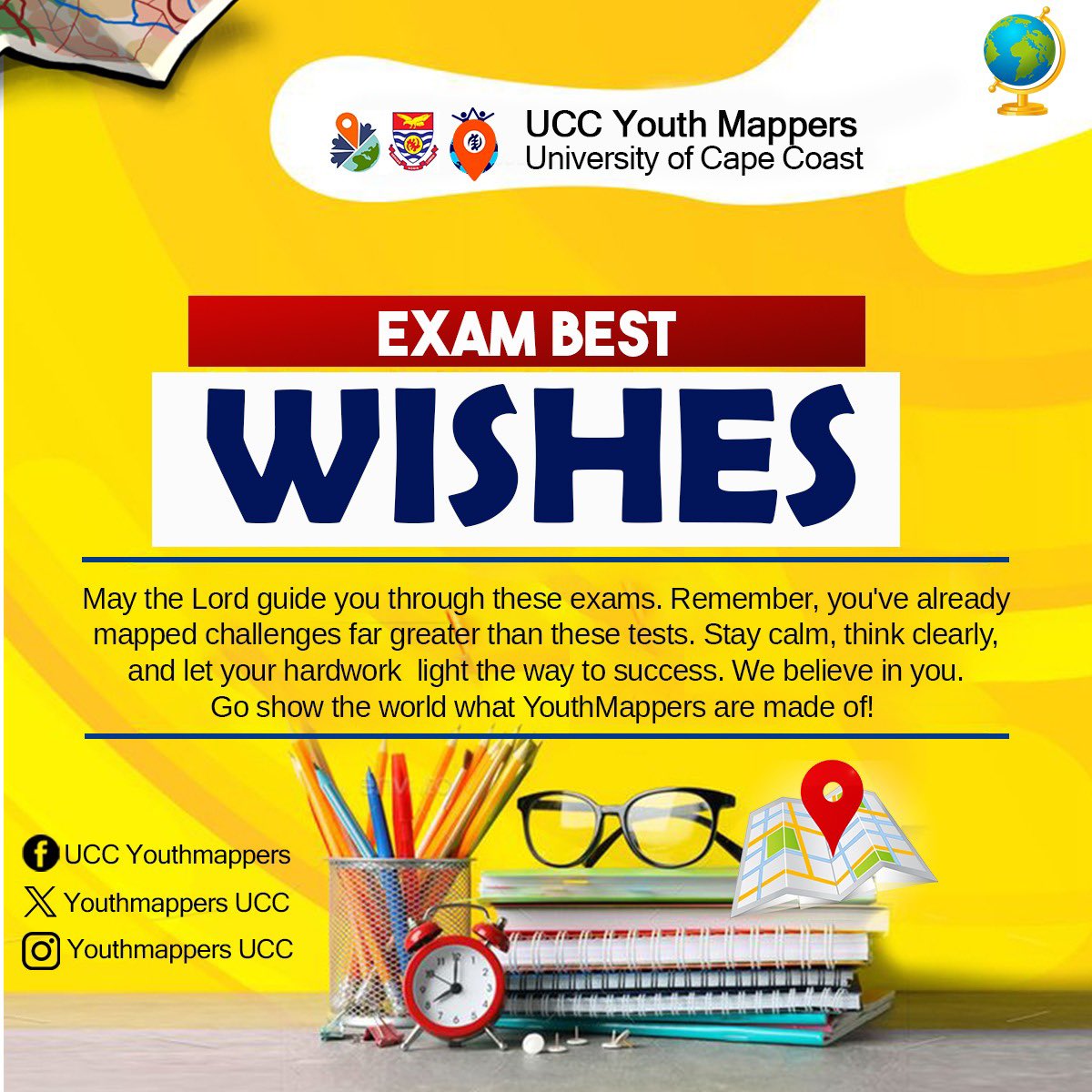 YouthmappersUCC's tweet image. Another end of semester is here, and we are here to face a challenging test.
Youthmappers UCC chapter would like to wish you all the best in your upcoming examination
As you enter the exam room, go and show what @UCCyouthmappers are capable of!
#WeDontJustBuildMapsWeBuildMappers
