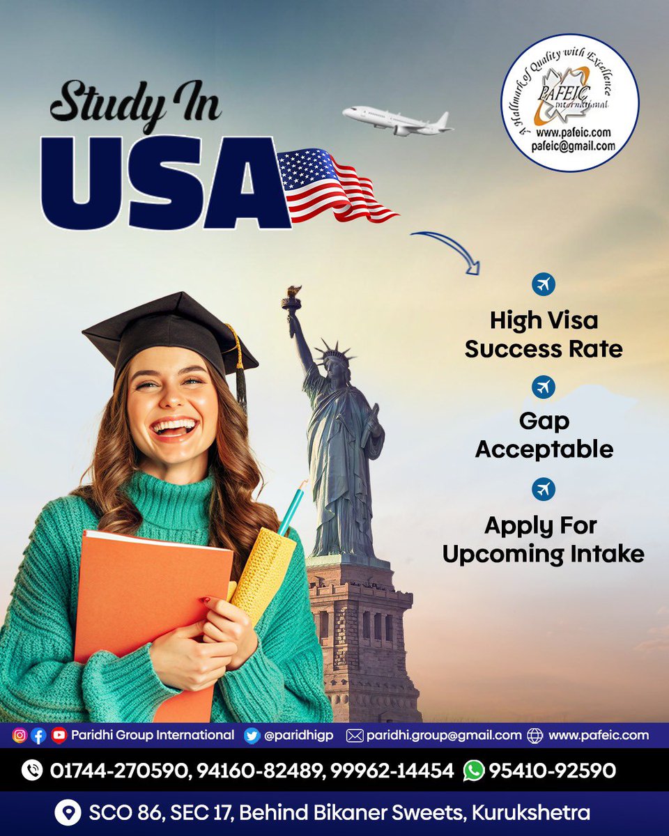 paridhigp's tweet photo. Study In The USA
Your journey to a promising career starts here! 📚🌏🚀
Contact Our Experts +91-94160-82489, +91-95410-92590
📍SCO 86, SEC 17, Behind Bikaner Sweets, Kurukshetra
#studyinusa #usa #usavisa #usapr #usaimmigration #usatouristvisa #usavisitorvisa #usaeducation https://t.co/yNxuR0Yfok