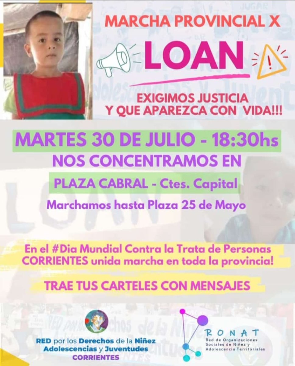 ⚠️🙏Hoy Martes 30 de Julio
convocamos nuevamente a la ciudadanía a una masiva Marcha Provincial que unifique a todo el pueblo correntino!!!

En #Corrientes Capital nos concentramos 18:30hs en Plaza Cabral y marchamos hasta Plaza 25 de Mayo