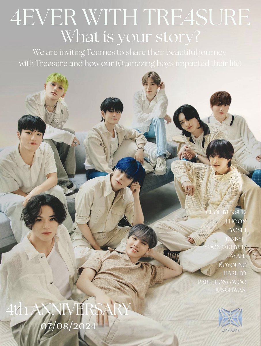 TREASUREunion's tweet image. ✨ 4EVER WITH TRE4SURE ANNIVERSARY PROJECT ✨

As we celebrate our 4th year anniversary,  we are inviting Teumes to share their beautiful journey with TREASURE and how our 10 amazing boys impact your life. 

🩵 Message is limited to 150 words written in English or Korean only.…