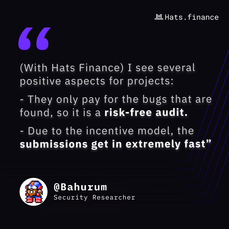 HatsFinance's tweet photo. Risk-free audits with extremely fast submissions ✅

Hats Finance is all about incentives and security researchers like @bahurum know that 🎩 https://t.co/6NYxCqizai