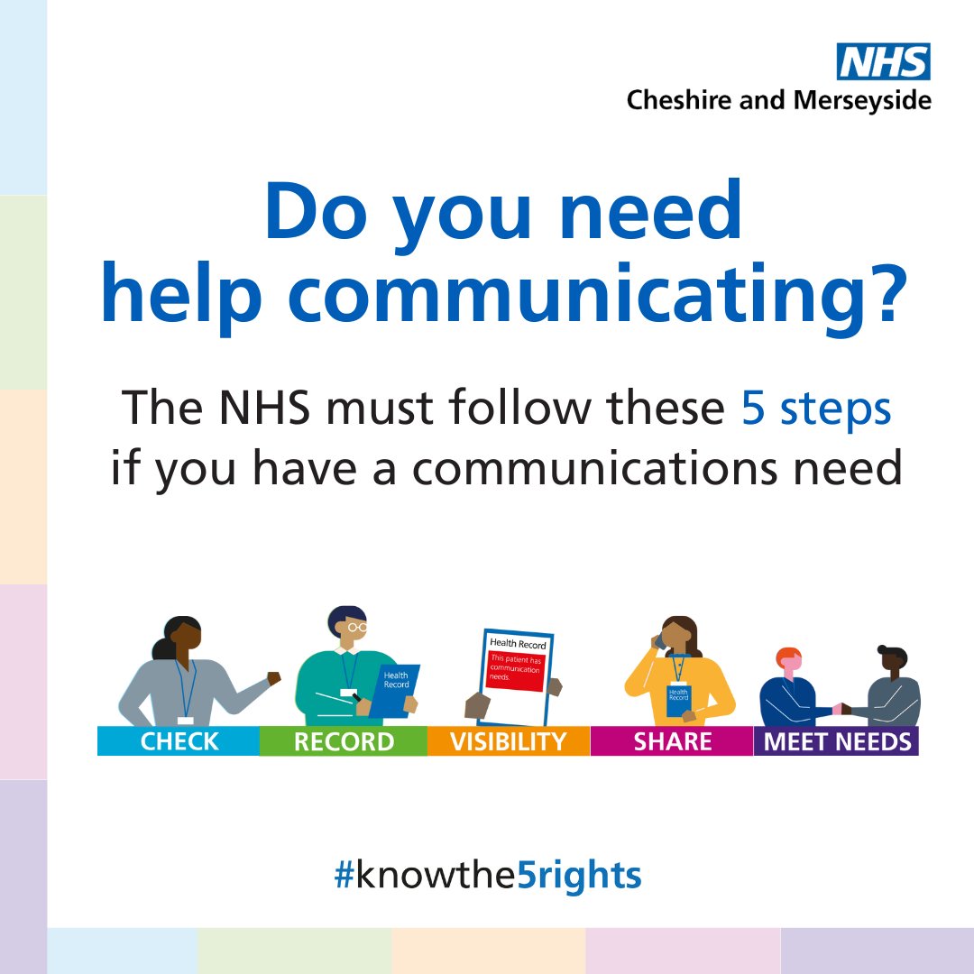 Do you #KnowThe5Rights? We’re raising awareness of the rights of patients with communications needs amongst our staff and patients during #DisabilityPrideMonth 

Find out more here: cheshireandmerseyside.nhs.uk/posts/nhs-equa…