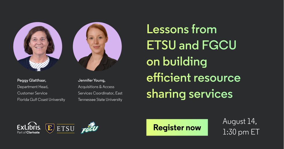 ExLibrisGroup's tweet image. Join our webinar on August 14, where @fgcu and @etsu will share tips backed by data on how to build strong interlibrary-loan services and deliver any materials in record time.

Register now: clarivatewebinars.webex.com/weblink/regist…

 #ResourceSharing #LibraryServices #LibraryWebinar