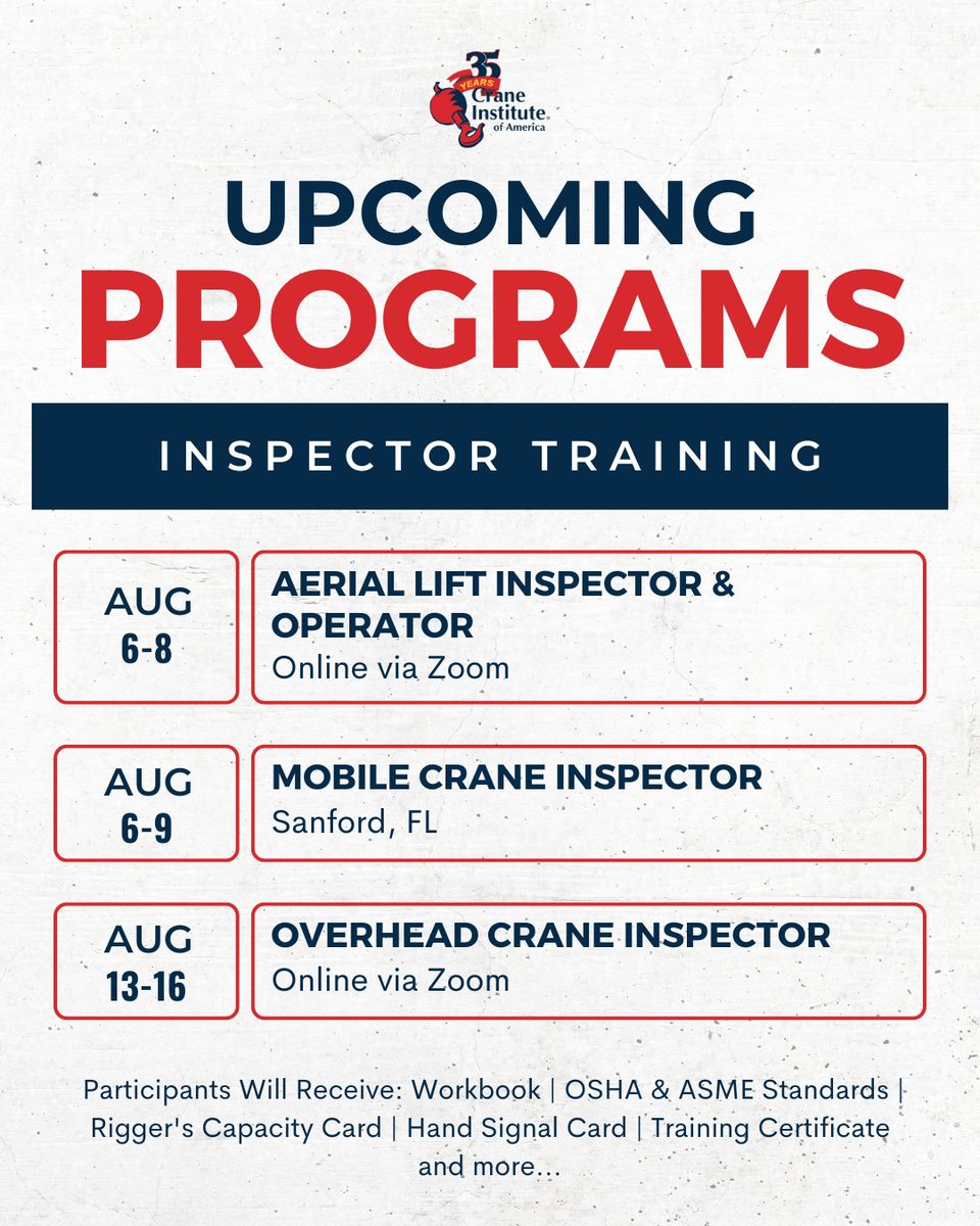 CraneInst's tweet image. Last day to sign up for our Inspector Training classes that start on AUG 6. Don't miss out on this great opportunity.
🖥️craneinstitute.com/upcoming-class…
#trainingclasses #cranetraining