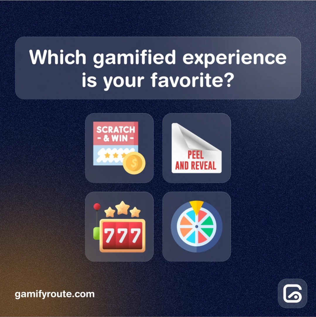 GamifyRoute's tweet photo. 🤔 What's your favorite gamified experience? Scratch and Win, Peel and Reveal, Slot Machine, or Spin the Wheel? Comment now and let us know! #Poll #GamifiedMarketing #EngageYourAudience #GamifyRoute https://t.co/4PXEBo1uwg