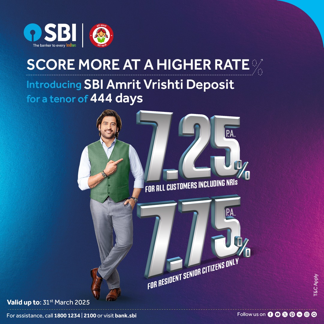 TheOfficialSBI's tweet photo. Looking for a high-return Term Deposit? Look no further than the SBI Amrit Vrishti Deposit!

With competitive interest rates, it's the perfect way to grow your savings.

#SBI #TheBankerToEveryIndian #AmritVrishtiDeposit https://t.co/cFQk90Wc1R