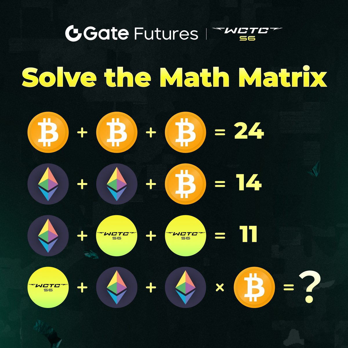 Let’s crack the matrix and heat up the battle! 🔥

Rules:
👋 Follow us <a href="/GateioFutures/">Gate Futures</a>
🔁 Like, RT, and Tag 3 friends #WCTCS6
🧠 Answer in the comments below 👇

⏰ Jul 30 - Aug 05, 23:59 (UTC)
Share $25 USDT (5 winners)🎁

#Crypto #Gateio #GateioFutures
