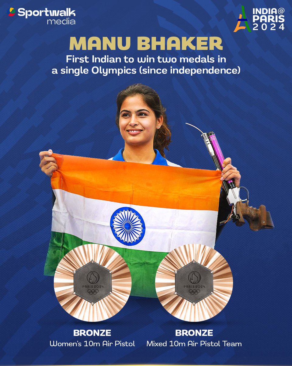 🇮🇳🔥 𝗪𝗘𝗟𝗖𝗢𝗠𝗘 𝗧𝗢 𝗠𝗔𝗡𝗨 𝗕𝗛𝗔𝗞𝗘𝗥'𝗦 𝗘𝗥𝗔! Presenting to you, the first Indian athlete to win two medals in a single Olympic edition (post-independence). 

🥉 Two medals in two events, can she bag a third in the women's 25m Pistol event?

👉 𝗙𝗼𝗹𝗹𝗼𝘄