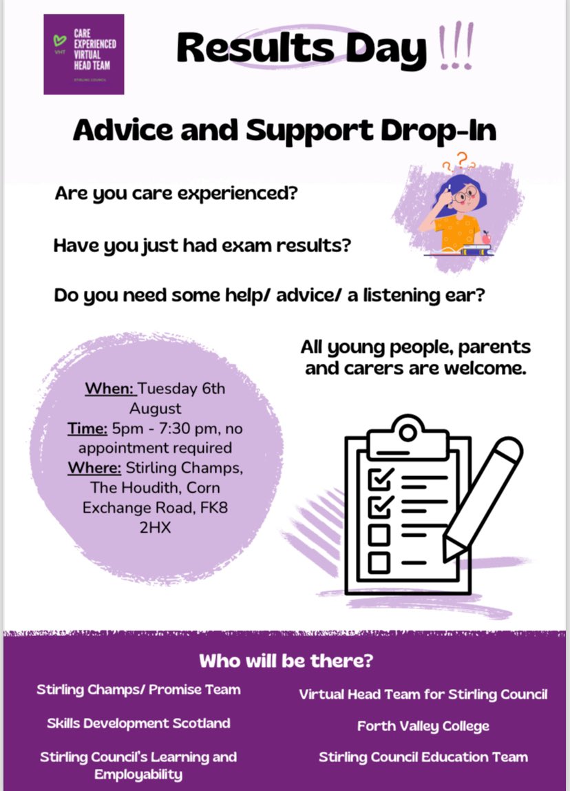 CECYP Education Team (@vhtstirling) on Twitter photo One week until the <a href="/sqanews/">SQA</a> results. If you need any help or support to think about your next steps, we are here to help. Drop in <a href="/ChampsStirling/">Stirling Champs</a> from 5pm on 6th August. See flyer for more info. <a href="/skillsdevscot/">Skills Development Scotland</a> <a href="/StirLearnEmploy/">Learning and Employability - Stirling</a> <a href="/FVCollege/">Forth Valley College</a> #KeepThePromise <a href="/t8cyd/">tracy degan</a> One week until the <a href="/sqanews/">SQA</a> results. If you need any help or support to think about your next steps, we are here to help. Drop in <a href="/ChampsStirling/">Stirling Champs</a> from 5pm on 6th August. See flyer for more info. <a href="/skillsdevscot/">Skills Development Scotland</a> <a href="/StirLearnEmploy/">Learning and Employability - Stirling</a> <a href="/FVCollege/">Forth Valley College</a> #KeepThePromise <a href="/t8cyd/">tracy degan</a>