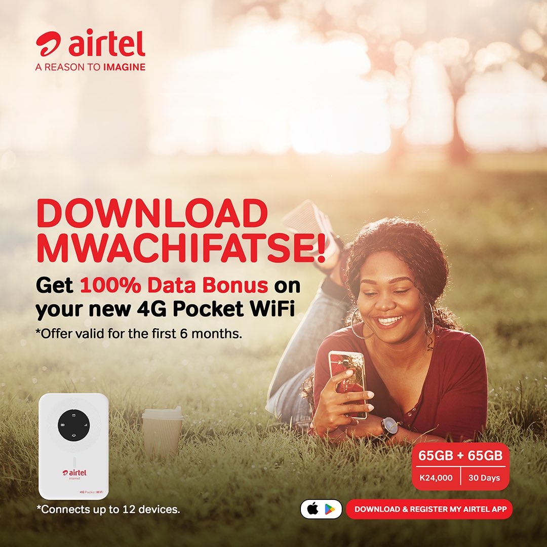 AirtelMalawiPlc's tweet photo. 𝗗𝗢𝗪𝗡𝗟𝗢𝗔𝗗 𝗠𝗪𝗔𝗖𝗛𝗜𝗙𝗔𝗧𝗦𝗘!​
​
Get 100% Data Bonus on your brand new #4GSmartBox or #4GPocketWiFi for the first 6 months.​
​
Get yours from your nearest Airtel shop. https://t.co/a4nda5Fxkn