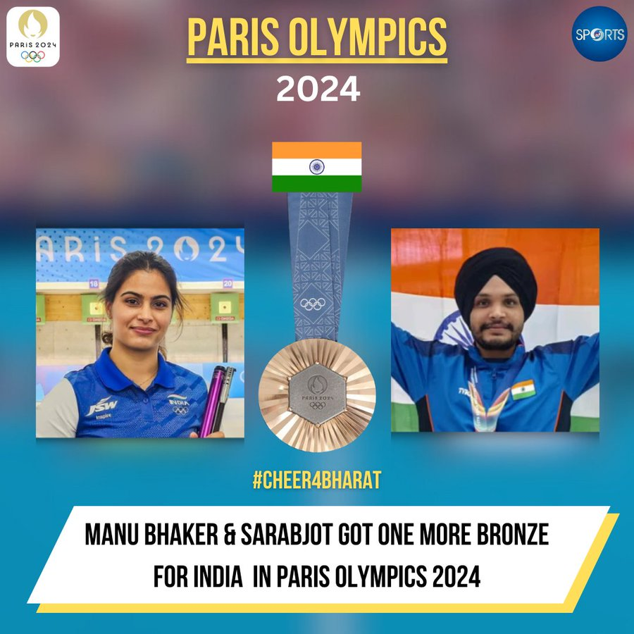 2⃣ MEDAL FOR INDIA!🇮🇳 🇮🇳

Kudos to <a href="/realmanubhaker/">Manu Bhaker🇮🇳</a> &amp; Sarabjot Singh on winning #Bronze 🥉medal in 10m Air Pistol Mixed Team Event - Shooting, at #ParisOlympics2024 .

Historic performance by Manu Bhaker winning her second medal!

We 🇮🇳 are Proud of you. Lehera Do 🇮🇳 Lehera Do 🇮🇳