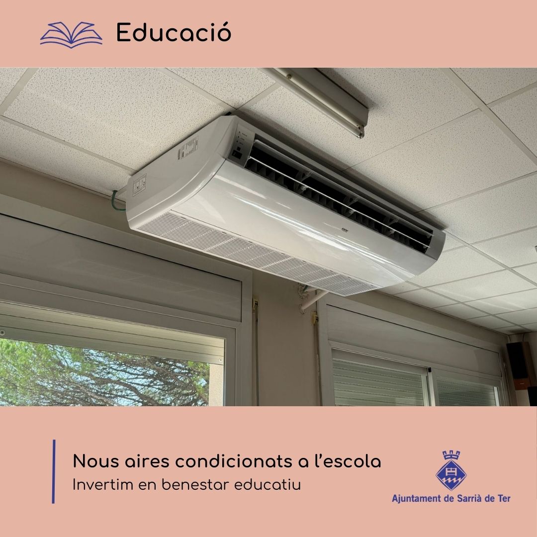 🌡️ Refresquem l'aprenentatge a l'Escola Montserrat! ❄️ Amb la instal·lació de 5 nous aparells d'aire condicionat a les aules, alumnes i professorat gaudiran d'un ambient més confortable. Aquesta millora, aprovada pel Consell Educatiu Municipal, suposa una inversió de 12.578,58€.