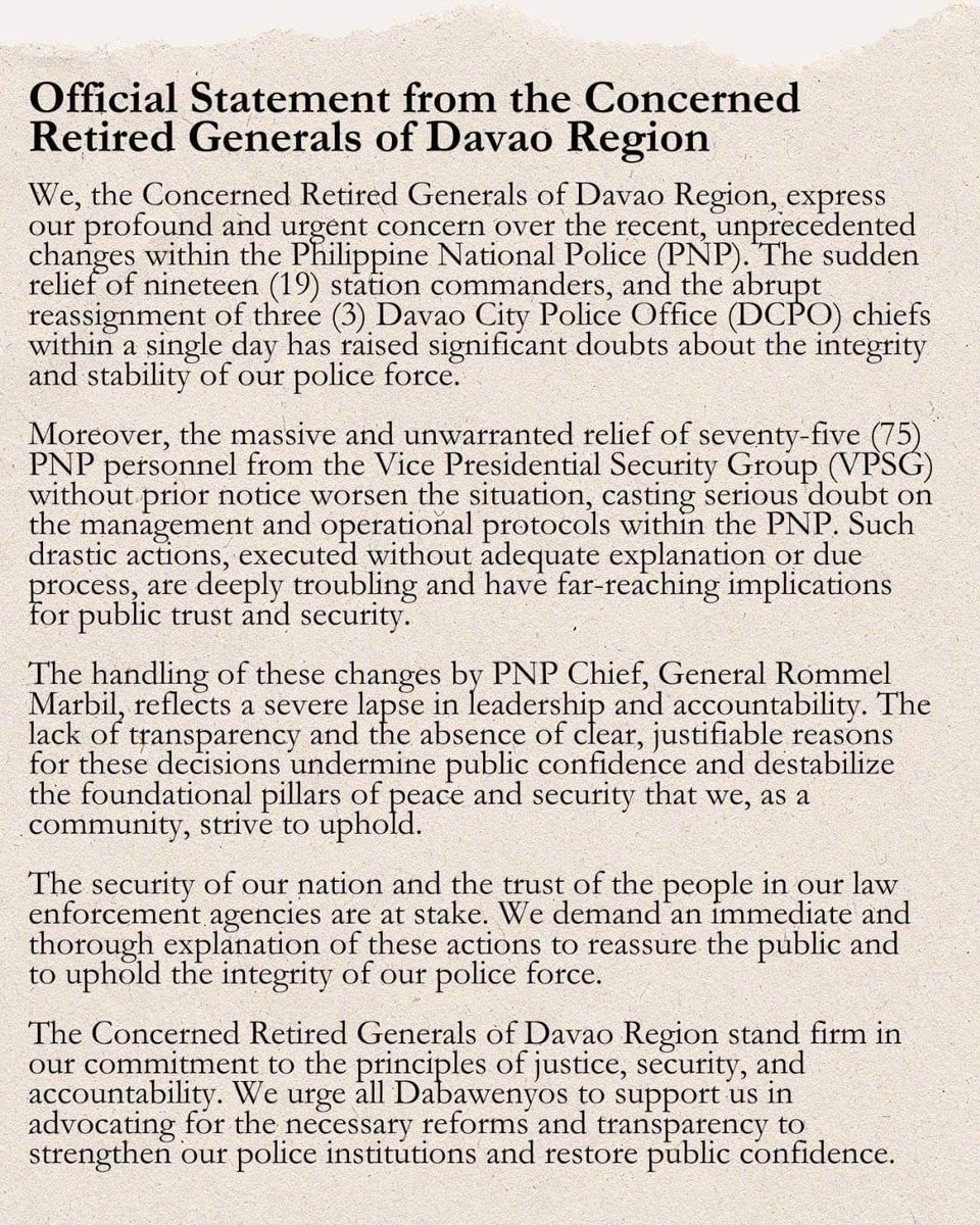 AnnaMalindogUy's tweet photo. STAND WITH INTEGRITY

The Concerned Retired Generals of Davao Region have spoken out against the abrupt and unjustified changes in the Philippine National Police. These actions undermine public trust and threaten our nation's security. We demand transparency and accountability from our leaders. Dabawenyos, let's unite for justice and restore confidence in our police force. 

#JusticeForDavao #StandWithOurGenerals #AccountabilityNow #ProtectVPSaraAtAllCost
#ProtectDavao