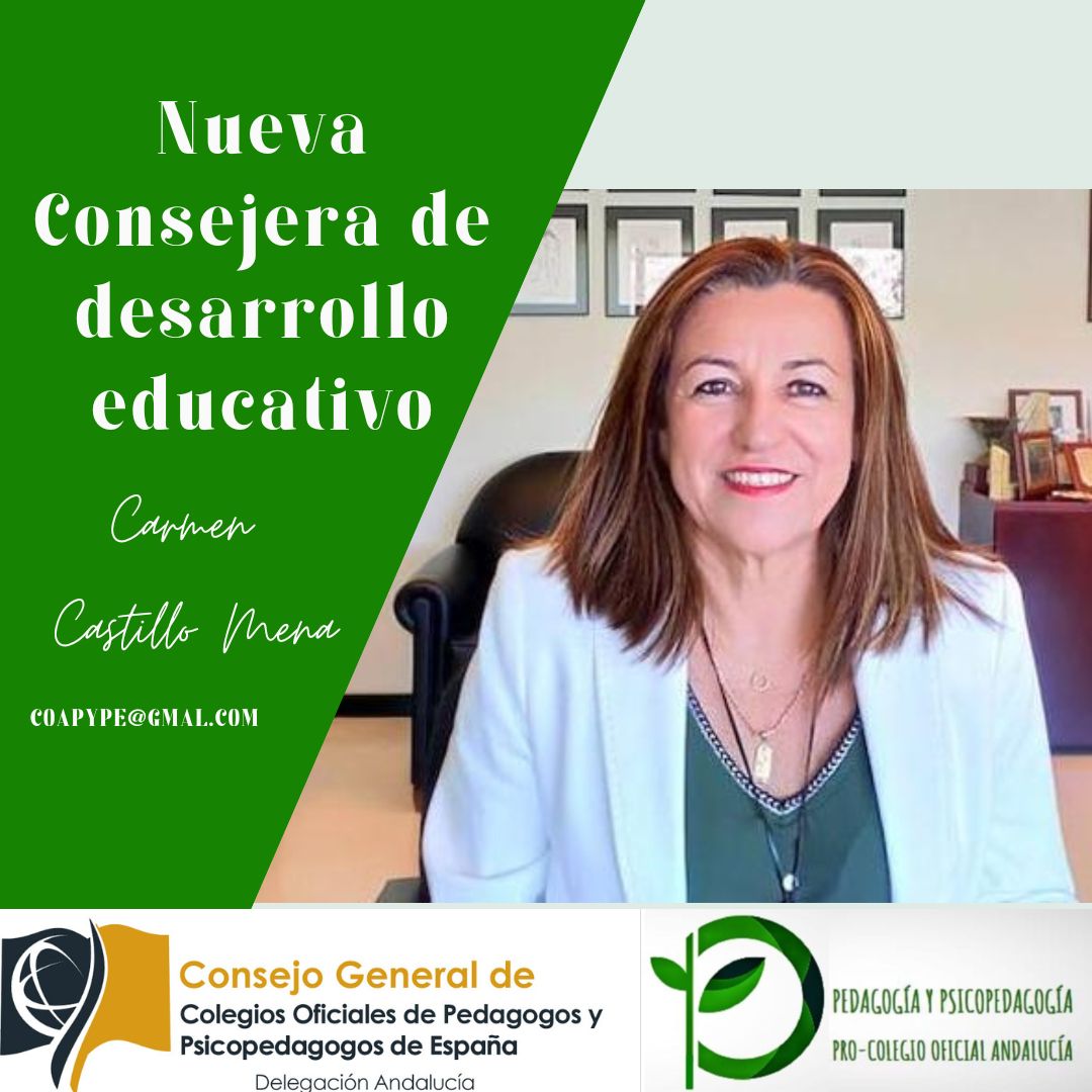 En <a href="/ProCOAPYPE/">ProColegio de Pedagogía y Psicopedagogía Andalucía</a> queremos expresar nuestras felicitaciones a Carmen Castillo Mena por su nombramiento como Consejera de Desarrollo Educativo <a href="/EducaAnd/">Consejería Desarrollo Educativo y FP</a>. Estamos seguros que su labor en esta consejería contribuirá significativamente al avance y mejora de nuestro sistema educativo,