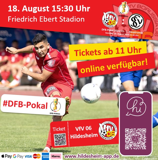 hi #Hildesheim #hiApp - 👉 am 18. August ist es soweit: die @Domstadtelf vom VfV06  trifft 🏟️ im DFB-Pokal auf den <a href="/svelversberg/">SV Elversberg 🇫🇷</a> !

Die Tickets 🎫 sind ab heute 11 Uhr in der hiApp📲 buchbar! 

#domstadtelf #vfv06 #supportyourlocals #fußball  #pokal #nfv #nurdervfv #dfb #dfbpokal