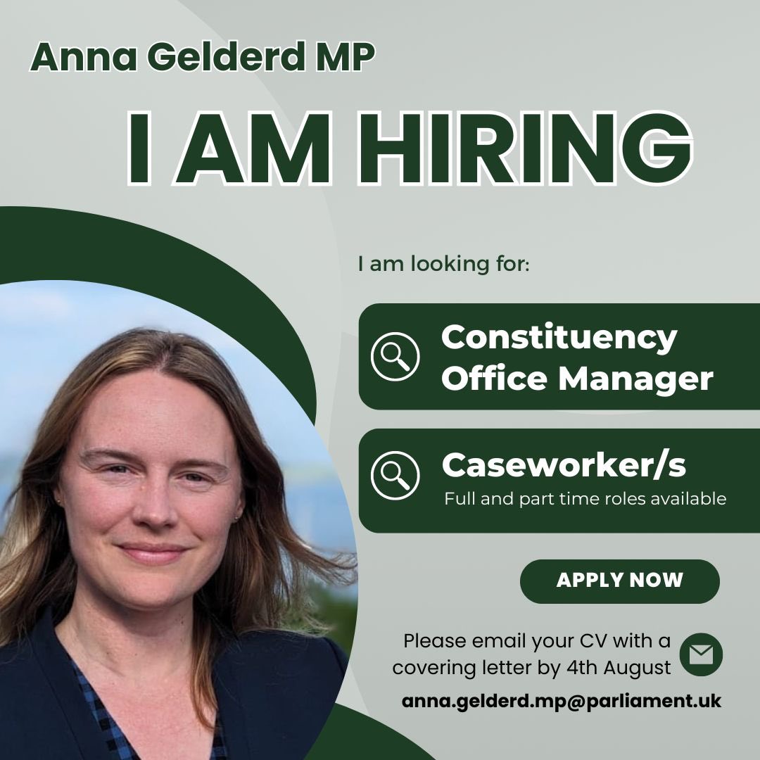 annagelderd's tweet photo. 📣JOB OPPORTUNITY📣

I’m looking for a:

- Constituency Office Manager: https://t.co/KS08r1kRGO

- Constituency Caseworker(s): https://t.co/ZswYi9l2Oe

Are you passionate about helping people and making a difference in #SouthEastCornwall? Apply now! https://t.co/W9gTWnyyhq