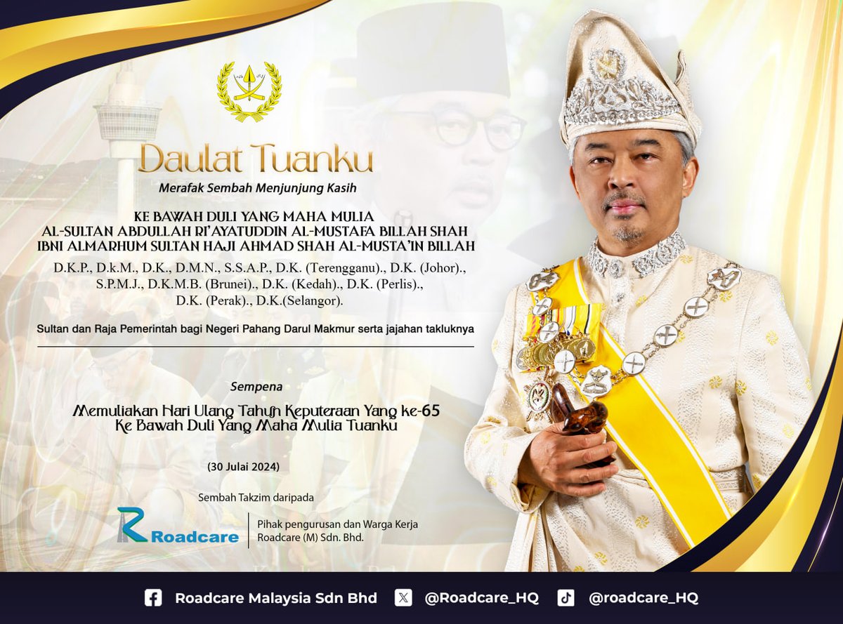 DAULAT TUANKU

Merafak Sembah Ucapan Setinggi-tinggi Penghargaan Kebawah Duli Paduka Baginda Sultan Pahang Al-Sultan Abdullah Ri'ayatuddin Al-Mustafa Billah Shah Ibni Al-Marhum Sultan Haji Ahmad Shah pada 30 Julai 2024 (Selasa) bersamaan 24 Muharam 1446 Hijrah.