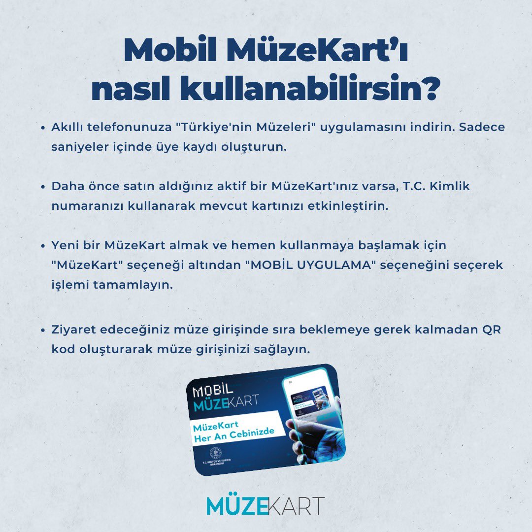 Muzekart's tweet photo. Türkiye’nin Müzelerini Keşfetmenin En Kolay Yolu Mobil #MüzeKart!

Tarihimize yolculuk yapacağınız Mobil MüzeKart ile Türkiye’nin 350’den fazla müze ve ören yerini bir yıl boyunca 60₺’ye ziyaret edebilirsiniz.

MüzeKart sadece 60₺!

#MüzeKart #TürkiyeninMüzeleri #Görmelisin https://t.co/wZXdFyRd9I