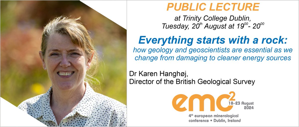 As part of the #EMC2024 Conference in Dublin we are excited to invite all of you to the Public Lecture that will be given by Dr. Karen Hanghøj: 
"Everything starts with a rock"🌋
Trinity College Dublin, Tuesday, 20th Aug. 7PM. 
Free of charge🆓Register at bit.ly/3WJwGBB