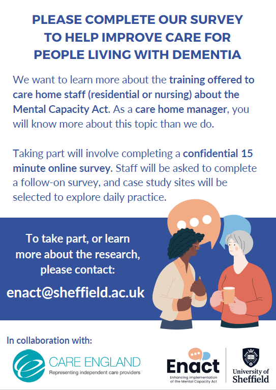 📢 Calling all care homes in Wales 🏴󠁧󠁢󠁷󠁬󠁳󠁿

Please take part in our study looking at implementation of #MentalCapacityAct in care homes

⏱️15 minute survey is open to all #carehome managers in England &amp; Wales

Please share <a href="/ResearchWales/">Health and Care Research Wales</a> <a href="/CTRCardiffUni/">CTRCardiffUni</a> <a href="/SocialCareWales/">Social Care Wales</a> <a href="/CAREResearch_W/">CARE Research Wales</a>